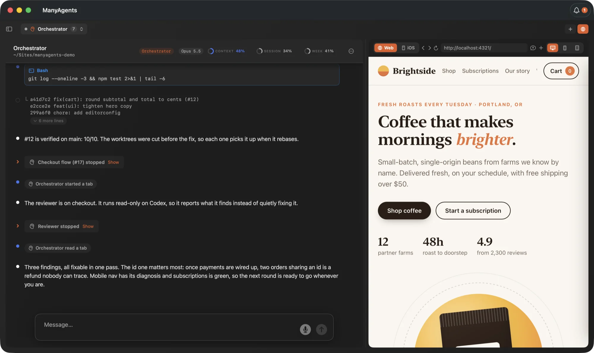 ManyAgents window. On the left, an Orchestrator tab for ~/Sites/manyagents-demo: a git log tool call, then notes that the cart fix is verified on main and that a Reviewer running read-only on Codex has reported three findings. On the right, the preview panel set to Web shows the Brightside coffee storefront running on localhost:4321.